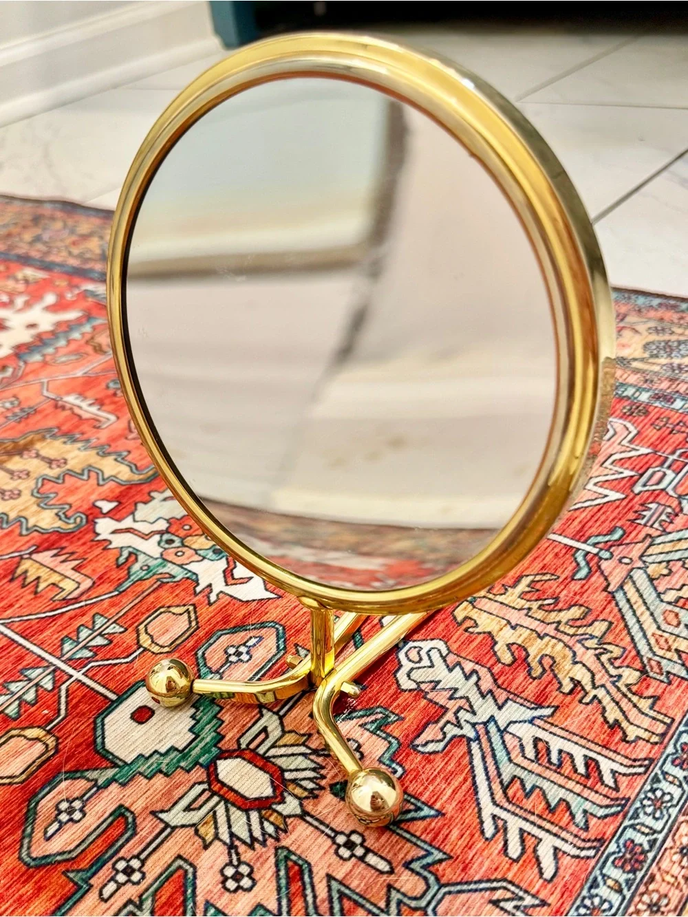 Vintage Brass Round Hand and Tabletop Mirror, Magnifying - Gold